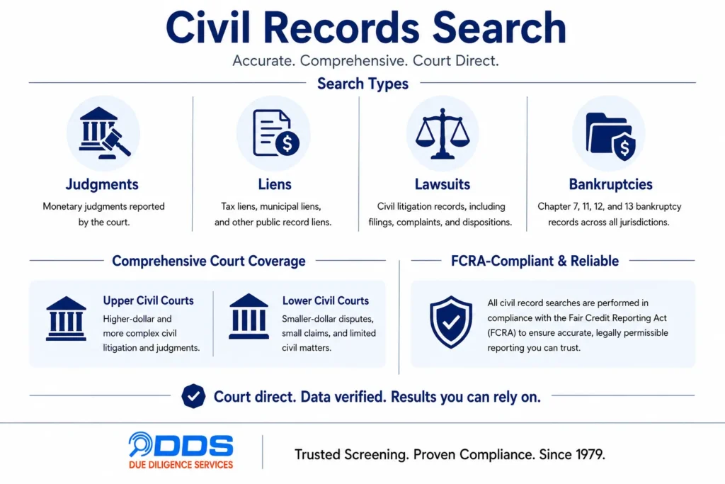 DDS civil records search — judgments, liens, lawsuits, and bankruptcies across upper and lower civil courts, FCRA-compliant