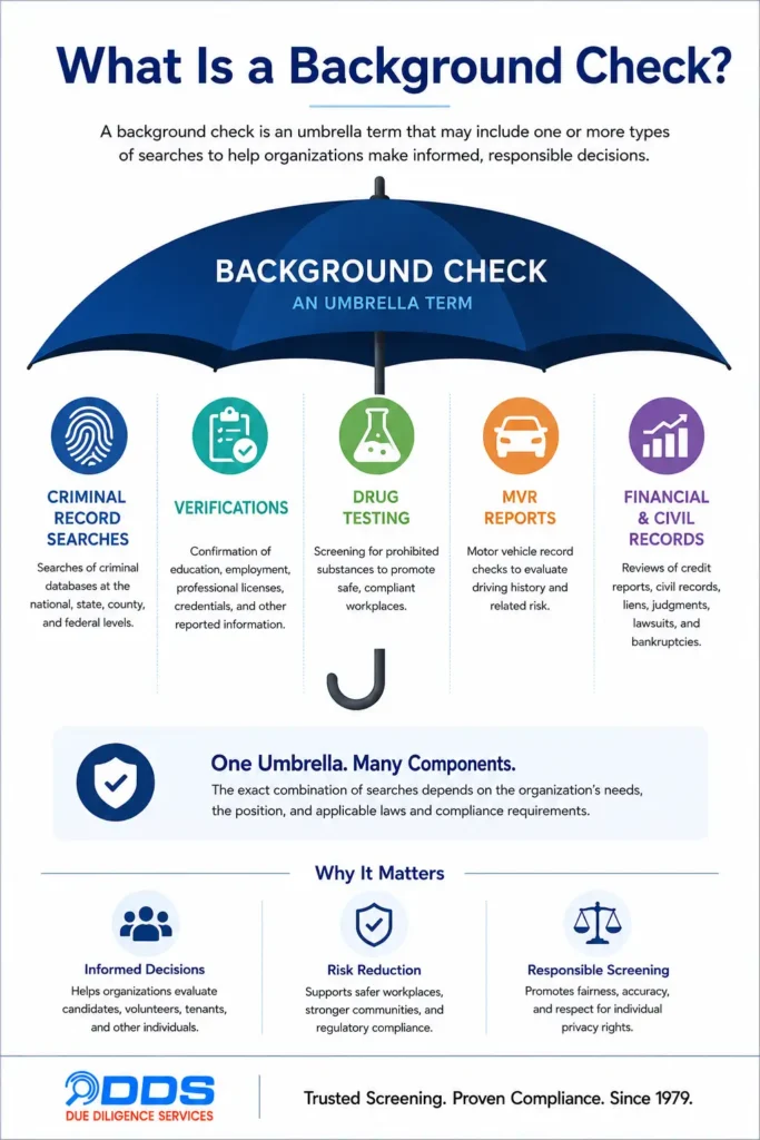 What is a background check — the umbrella of searches it includes: criminal records, verifications, drug testing, MVR, and financial and civil records