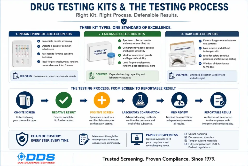 Drug testing kits — instant, lab-based, and hair collection with laboratory confirmation of positive screens
