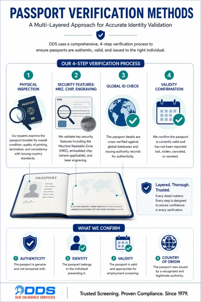 passport verification methods — physical inspection, MRZ and chip security features, Global ID Check, and validity confirmation
